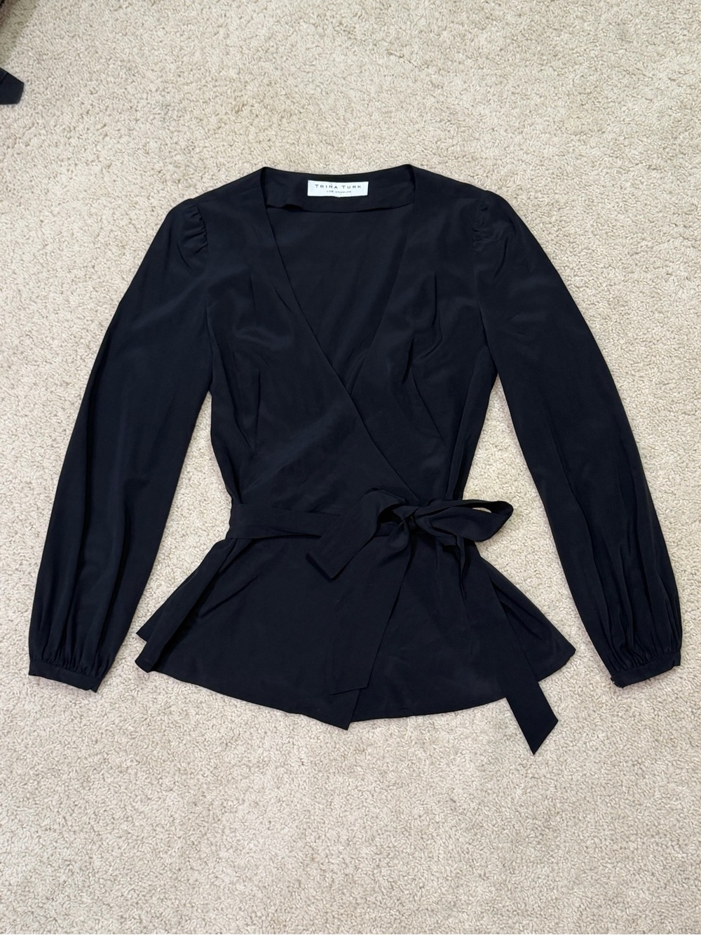 Trina Turk Silk Black Blouse Long Sleeve Wrap XS